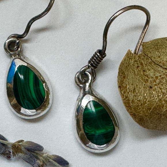 Sterling Silver Malachite Dangle Drop Earrings - Picture 4 of 9